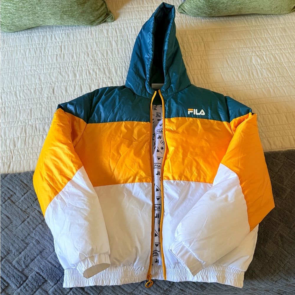 Fila Tri-Color Puffer Jacket - Teal, Yellow, White